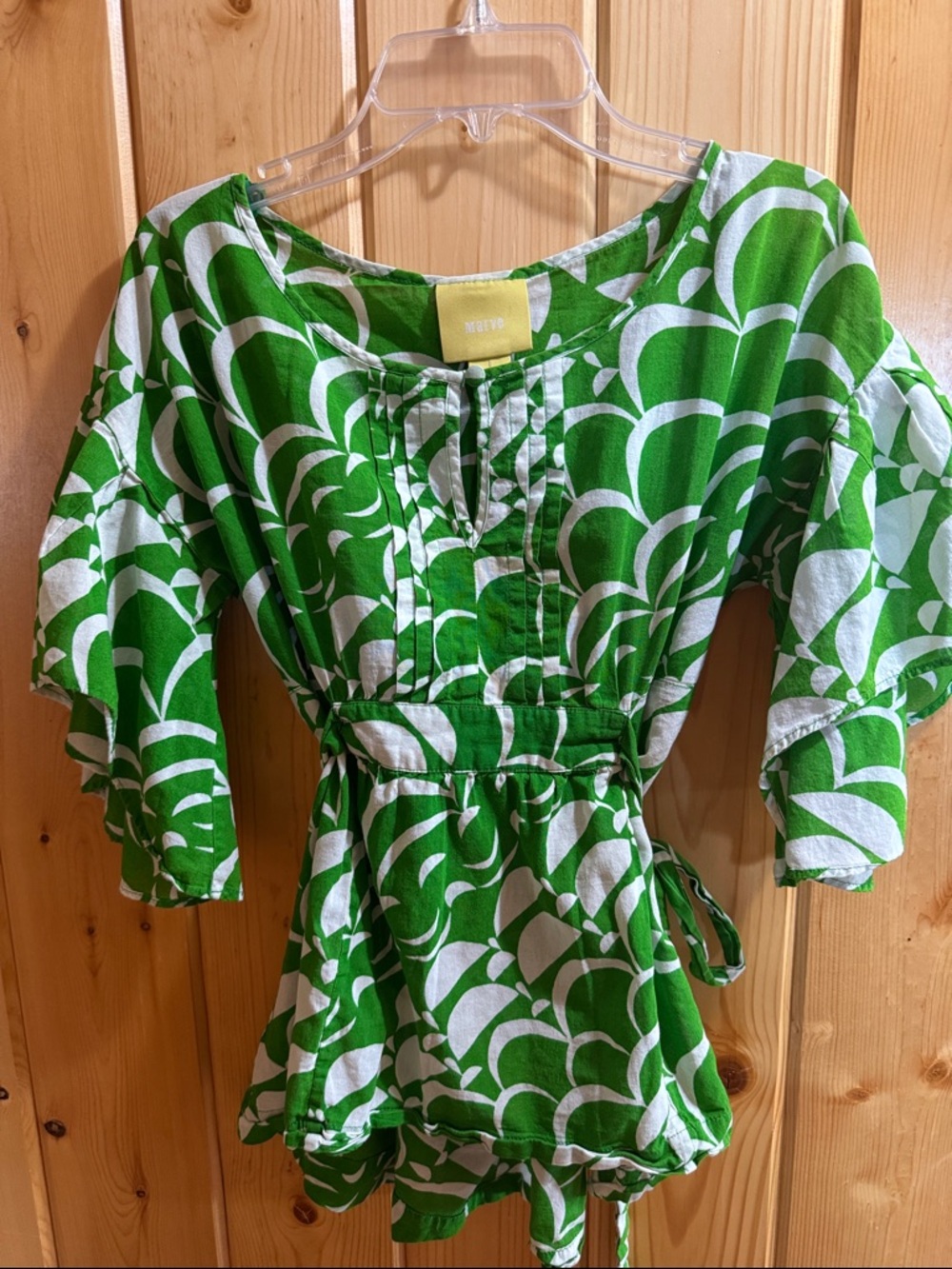 ANTHRO Green & White Printed Tie-Waist Floral Top
